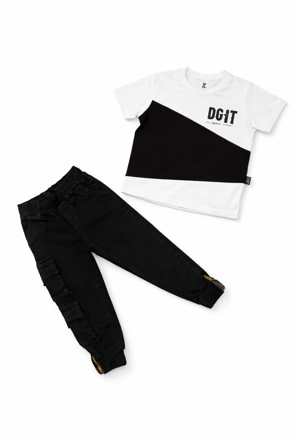 Conjunto Pantalon Negro Cargo Cierres Laterales + Camiseta